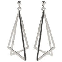 Boucles d'oreilles fantaisie pendantes double triangles en métal argenté et émail de couleur noire.