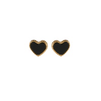 Boucles d'oreilles puces en forme de cœur en acier doré serties d'une pierre de couleur noire.