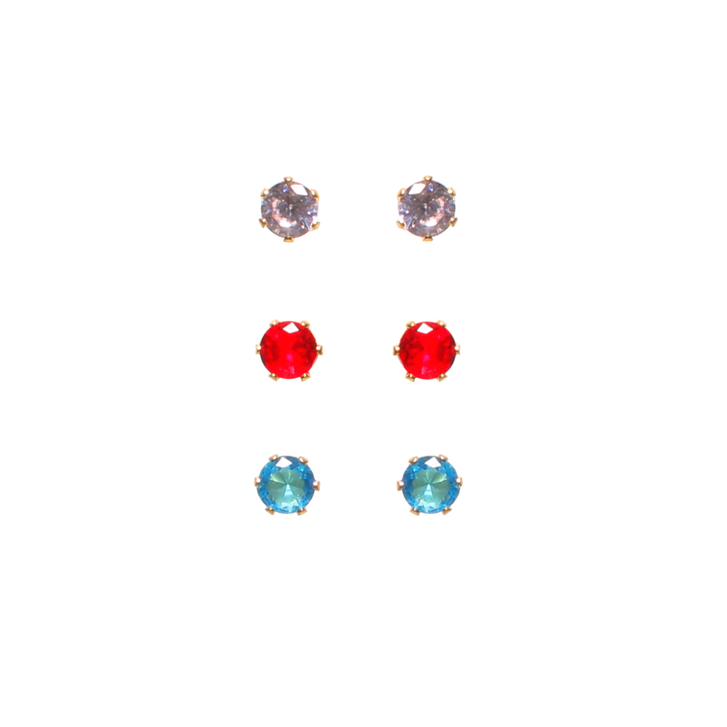 Lot de 3 paires de boucles d'oreilles puces en acier doré serties griffes de cristaux transparent et de couleur rouge et bleu.