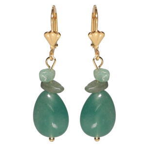 Boucles d'oreilles dormeuses pendantes en acier doré avec pierres de couleur verte et une perle ovale en pierre de couleur verte.