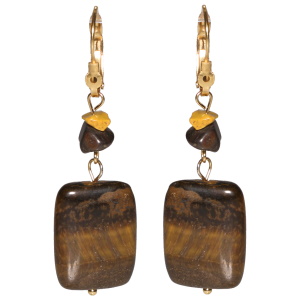 Boucles d'oreilles dormeuses pendantes en acier doré avec pierres de couleur marron et une perle rectangulaire en pierre de couleur marron.