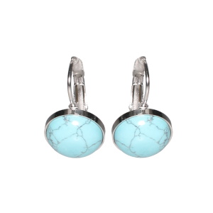 Boucles d'oreilles dormeuses en acier argenté surmontées d'un cabochon en pierre turquoise d'imitation.