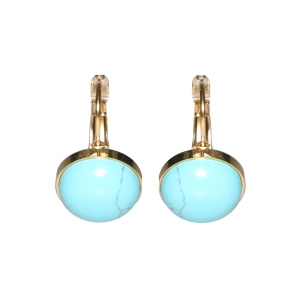 Boucles d'oreilles dormeuses en acier doré surmontées d'un cabochon en pierre de turquoise d'imitation.