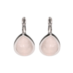 Boucles d'oreilles dormeuses en forme de goutte en acier argenté surmontées d'un cabochon en pierre de quartz rose d'imitation.