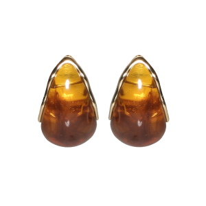 Boucles d'oreilles pendantes en forme de goutte en acier doré surmontées d'une pierre d'ambre d'imitation.