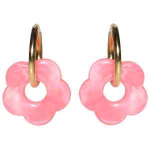 Boucles d'oreilles créoles en acier doré avec une fleur de couleur rose.