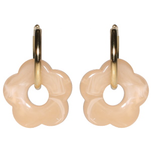 Boucles d'oreilles créoles en acier doré avec une fleur de couleur marron.