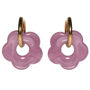 Boucles d'oreilles créoles en acier doré avec une fleur de couleur violette.