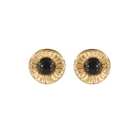 Boucles d'oreilles puces rondes avec motif en acier doré surmontées d'une véritable pierre d'agate noire.