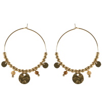 Boucles d'oreilles créoles surmontées de perles en acier doré avec deux pastilles rondes lisses et une pastille ronde martelée en acier doré, ainsi que deux perles en véritable pierre de jaspe paysage.