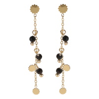 Boucles d'oreilles pendantes composées d'une chaîne avec pampilles fleurs en acier doré et de perles de couleur noire.