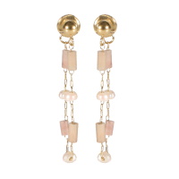Boucles d'oreilles pendantes composées d'une puce boule et d'une chaîne en acier doré, des perles de nacre et des perles tubes de couleur rose.