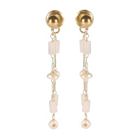 Boucles d'oreilles pendantes composées d'une puce boule et d'une chaîne en acier doré, des perles de nacre et des perles tubes de couleur blanche.