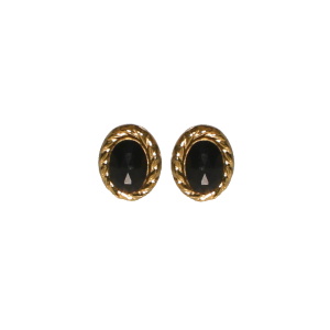 Boucles d'oreilles puces de forme ovale en acier doré serties d'un cabochon de couleur noire.