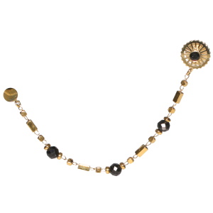Boucle d'oreille composée d'une puce ronde en acier doré, d'une chaîne en acier doré avec perles de couleur noire et d'une puce ronde en acier doré surmontée d'un cristal noir. Vendu à l'unité.