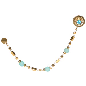 Boucle d'oreille composée d'une puce ronde en acier doré, d'une chaîne en acier doré avec perles de couleur bleue turquoise et d'une puce ronde en acier doré surmontée d'un cristal bleu turquoise. Vendu à l'unité.
