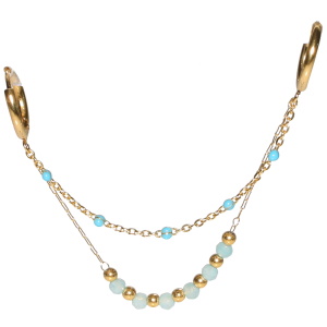 Boucle d'oreille composée d'une créole en acier doré, d'une chaîne avec perles en acier doré et perles de couleur bleue turquoise, d'une chaîne en acier doré avec perles en émail de couleur bleu turquoise et d'une créole en acier doré. Vendu à l'unité.