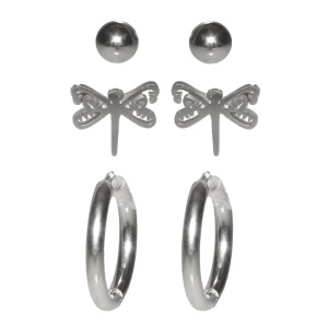 Lot de trois paires de boucles d'oreilles composé de puces boules en acier argenté, de créoles fil rond en acier argenté et de puces libellule en acier argenté.