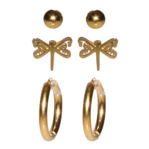 Lot de trois paires de boucles d'oreilles composé de puces boules en acier doré, de créoles fil rond en acier doré et de puces libellule en acier doré.