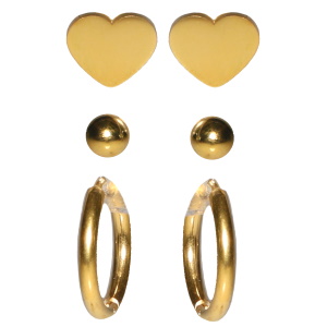 Lot de 3 paires de boucles d'oreilles en acier doré composées de puces rondes, de puces en forme de cœur et de créoles fil rond.