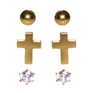 Lot de trois paires de boucles d'oreilles composé de puces boules en acier doré, de puces croix en acier doré et de puces serties griffes d'un cristal.