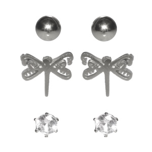 Lot de trois paires de boucles d'oreilles composé de puces boules en acier argenté, de puces libellule en acier argenté et de puces serties griffes d'un cristal.