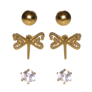 Lot de trois paires de boucles d'oreilles composé de puces boules en acier doré, de puces libellule en acier doré et de puces serties griffes d'un cristal.