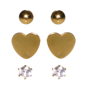 Lot de trois paires de boucles d'oreilles composé de puces boules en acier doré, de puces cœur en acier doré et de puces serties griffes d'un cristal.