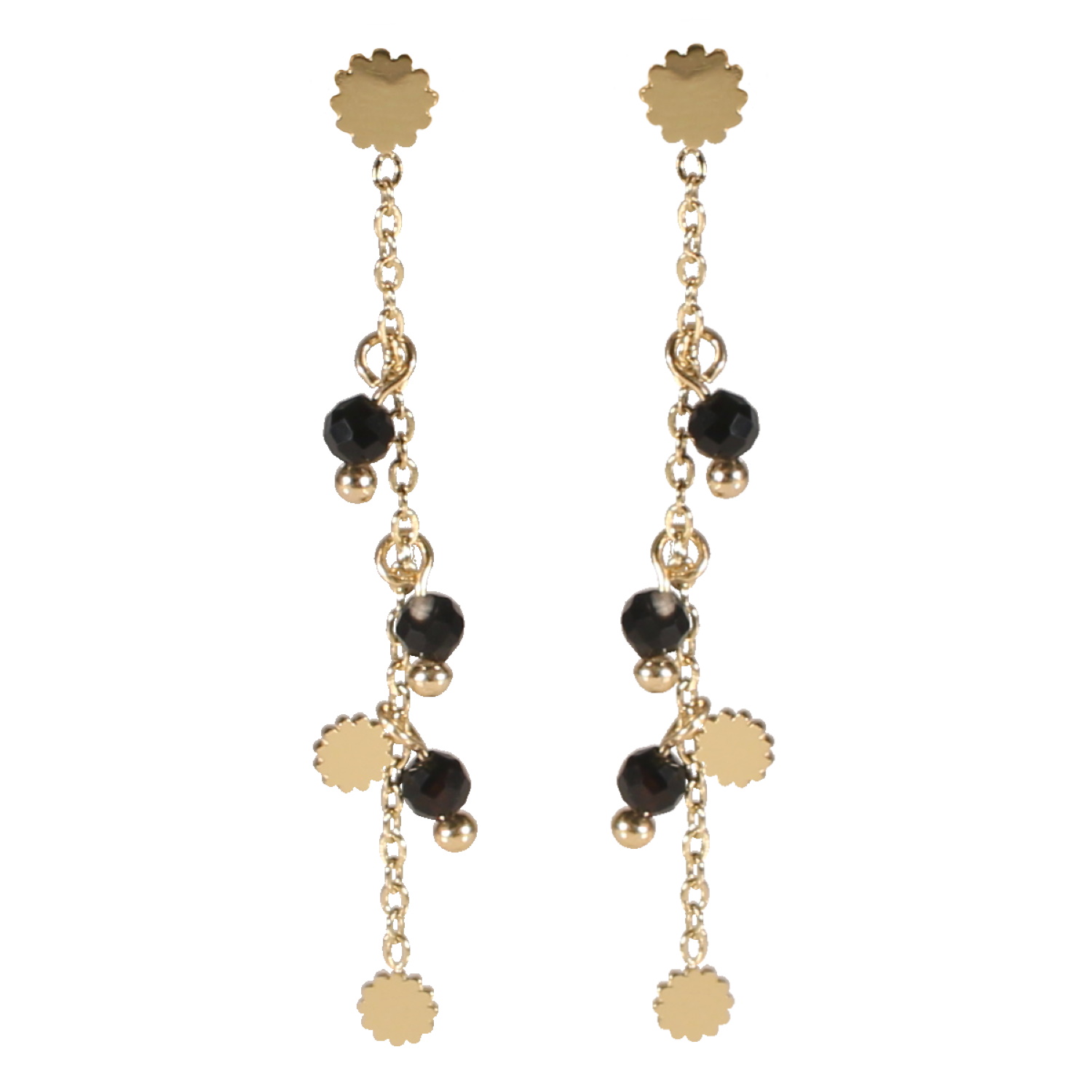 Boucles d'oreilles pendantes composées d'une chaîne avec pampilles fleurs en acier doré et de perles de couleur noire. Pendantes Perle  Adolescent Adulte Femme Fille Fleurs Indémodable 