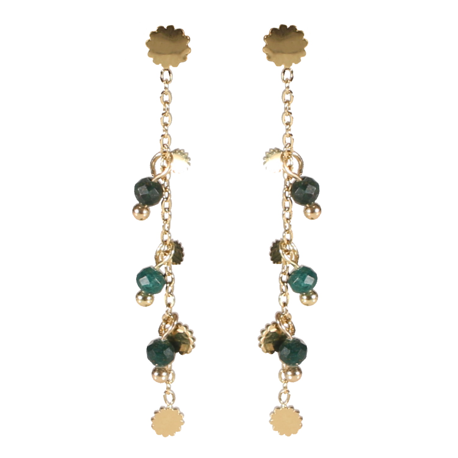 Boucles d'oreilles pendantes composées d'une chaîne avec pampilles fleurs en acier doré et de perles de couleur verte. Pendantes Perle  Adolescent Adulte Femme Fille Fleurs Indémodable 