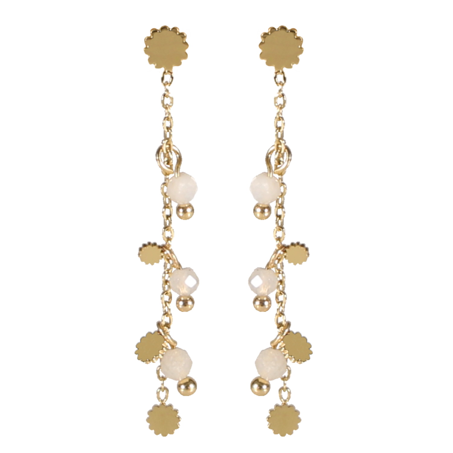Boucles d'oreilles pendantes composées d'une chaîne avec pampilles fleurs en acier doré et de perles de couleur blanche. Pendantes Perle  Adolescent Adulte Femme Fille Fleurs Indémodable 