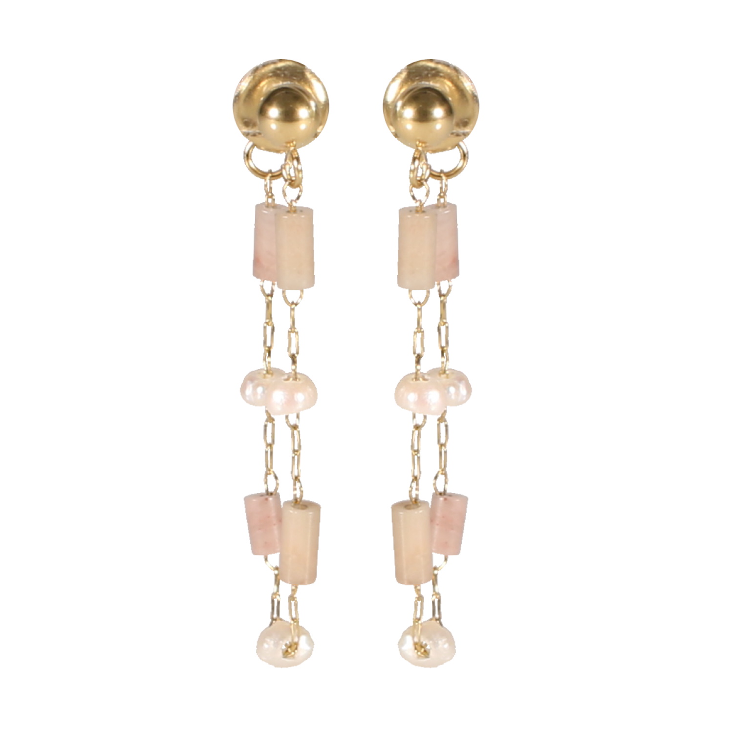 Boucles d'oreilles pendantes composées d'une puce boule et d'une chaîne en acier doré, des perles de nacre et des perles tubes de couleur rose. Pendantes Perle  Adolescent Adulte Femme Fille Indémodable 