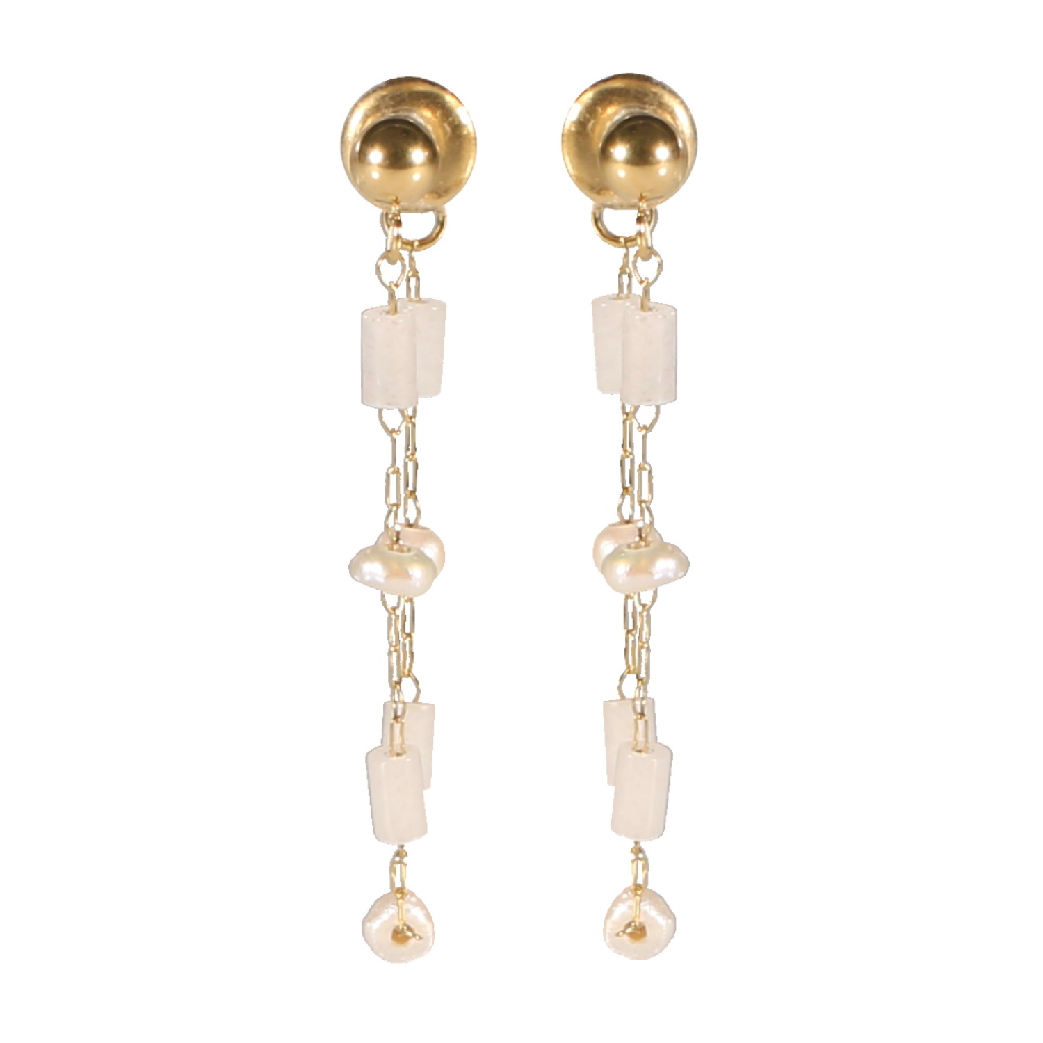 Boucles d'oreilles pendantes composées d'une puce boule et d'une chaîne en acier doré, des perles de nacre et des perles tubes de couleur blanche. Pendantes Perle  Adolescent Adulte Femme Fille Indémodable 