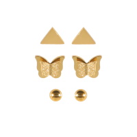 Lot de 3 paires de boucles d'oreilles puces en forme de triangle, de boule et de papillon en acier doré.