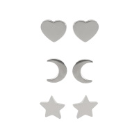 Lot de 3 paires de boucles d'oreilles puces en forme de cœur, de croissant de lune et d'étoile en acier argenté.