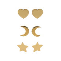 Lot de 3 paires de boucles d'oreilles puces en forme de cœur, de croissant de lune et d'étoile en acier doré.