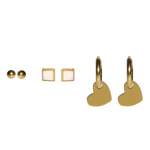 Lots de boucles d'oreilles composées d'une paire de créoles avec un pendant en forme de cœur en acier doré, d'une paire de puces rondes en acier doré et d'une paire de puces carrés en acier doré serties de nacre.