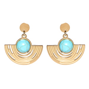 Boucles d'oreilles pendantes composées d'une puce en acier doré et d'une pastille ovale avec éventail en acier doré sertie d'un cabochon ovale en pierre turquoise d'imitation.