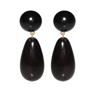 Boucles d'oreilles pendantes en acier doré et en matière synthétique de couleur noire.