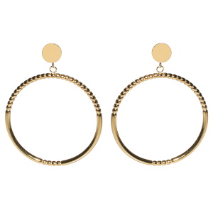 Boucles d'oreilles pendantes composées d'une puce ronde et d'un cercle en acier doré.