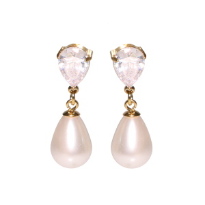 Boucles d'oreilles pendantes en acier doré composées d'un cristal serti griffes et d'une perle d'imitation en forme de goutte.