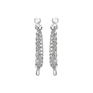 Boucles d'oreilles pendantes composées d'une puce ronde serti d'un cristal et de deux chaînes en acier argenté.