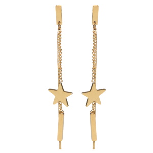 Boucles d'oreilles pendantes composées d'un puce en forme de barre carré, de deux chaînes, d'une étoile et d'une barre carré en acier doré.
