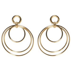 Boucles d'oreilles pendantes composées d'une puce en forme de cercle et de trois cercles en acier doré.