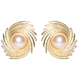 Boucles d'oreilles pendantes en forme de spirale en acier doré surmontées d'un cabochon en perle d'imitation.