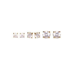 Lot de 3 paires de boucles d'oreilles puces en acier doré serties griffes de cristaux.
