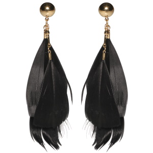 Boucles d'oreilles pendantes en acier doré avec des plumes de couleur noire.
