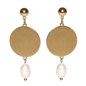 Boucles d'oreilles pendantes composées d'une puce boule en acier doré, d'une pastille ronde en acier doré et d'une perle d'imitation.