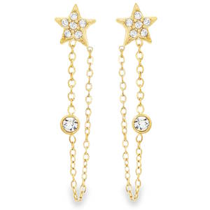 Sublimes boucles d'oreilles pendantes en acier doré, ornées de strass taille brillant étincelants. Leur design délicat, avec une étoile sertie de strass et une chaîne suspendue, apporte une touche d'éclat raffiné à votre style. Parfaites pour illuminer votre quotidien ou pour une occasion spéciale.