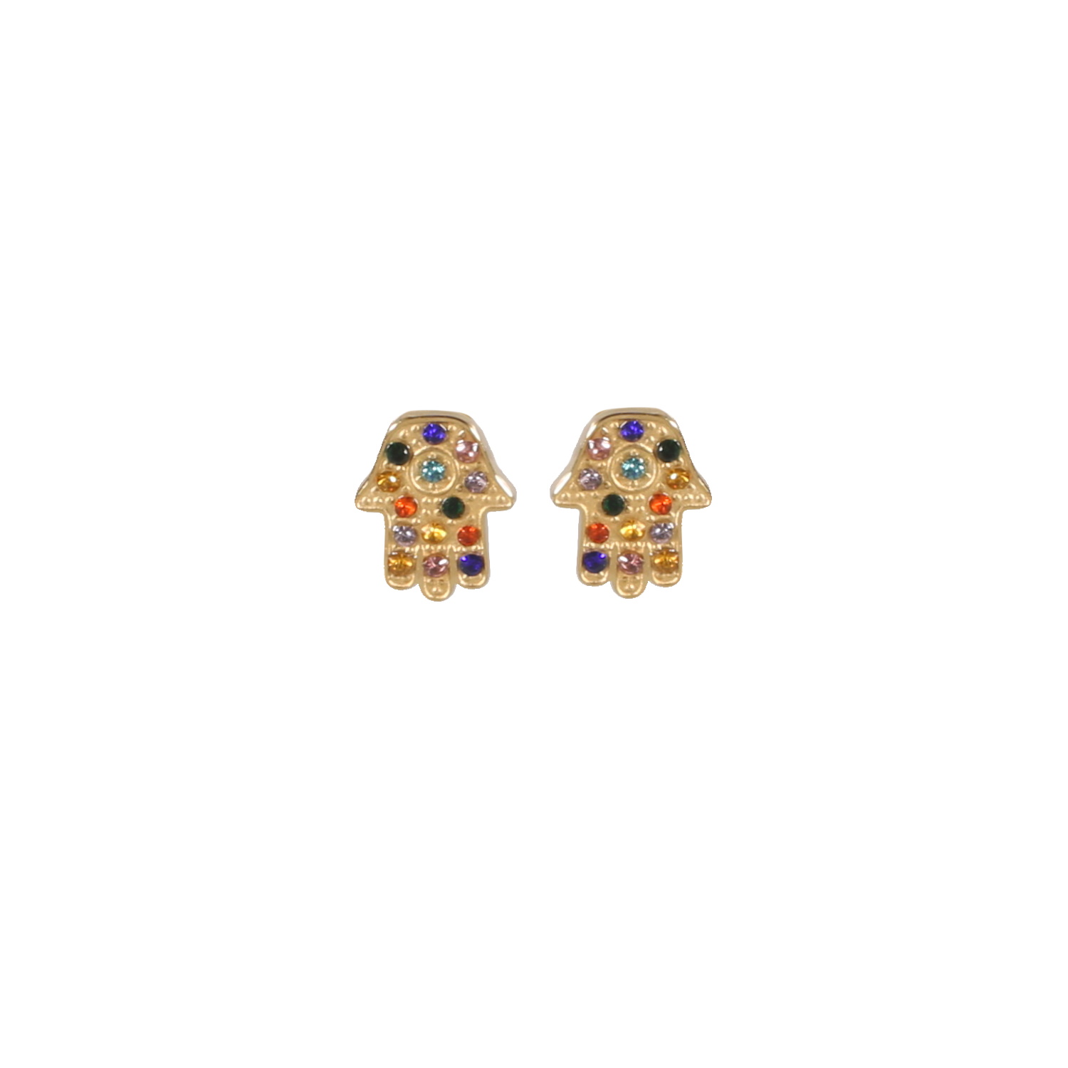 Boucles d'oreilles pendantes en forme de main de Fatma en acier doré sertis de cristaux multicolores. Fatma Main Pendantes Strass  Adolescent Adulte Femme Fille Indémodable Symboles 